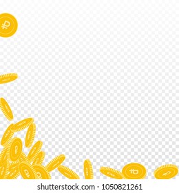Russian ruble coins falling. Scattered big RUB coins on transparent background. Uncommon abstract left bottom corner vector illustration. Jackpot or success concept.