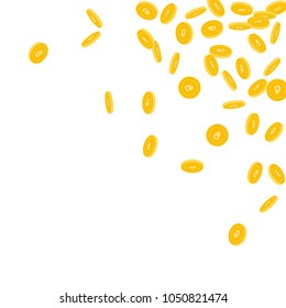 Russian ruble coins falling. Scattered small RUB coins on white background. Emotional scattered top right corner vector illustration. Jackpot or success concept.