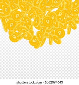 Russian ruble coins falling. Scattered big RUB coins on transparent background. Pleasing top semicircle square vector illustration. Jackpot or success concept.