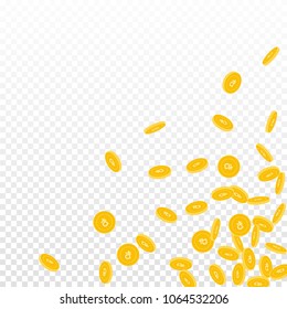 Russian ruble coins falling. Scattered small RUB coins on transparent background. Appealing scattered bottom right corner vector illustration. Jackpot or success concept.