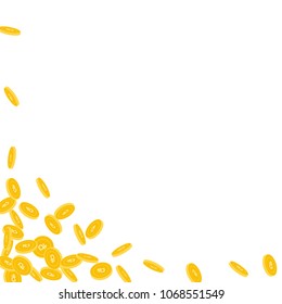 Russian ruble coins falling. Scattered small RUB coins on white background. Wondrous abstract left bottom corner vector illustration. Jackpot or success concept.