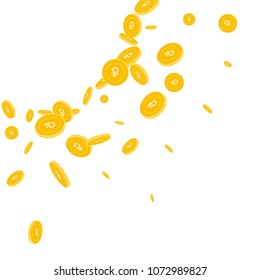 Russian ruble coins falling. Scattered disorderly RUB coins on white background. Astonishing radiant left top corner vector illustration. Jackpot or success concept.