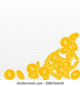 Russian ruble coins falling. Scattered big RUB coins on transparent background. Modern bottom right corner vector illustration. Jackpot or success concept.