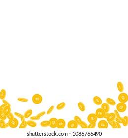 Russian ruble coins falling. Scattered small RUB coins on white background. Tempting abstract bottom vector illustration. Jackpot or success concept.