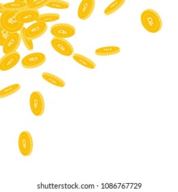 Russian ruble coins falling. Scattered big RUB coins on white background. Classic scattered top left corner vector illustration. Jackpot or success concept.