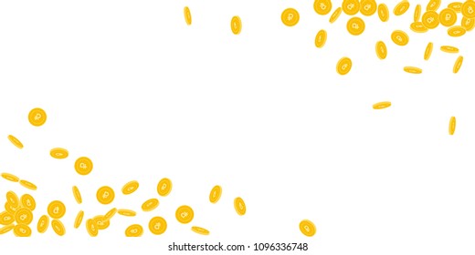 Russian ruble coins falling. Scattered small RUB coins on white background. Classic wide corners vector illustration. Jackpot or success concept.
