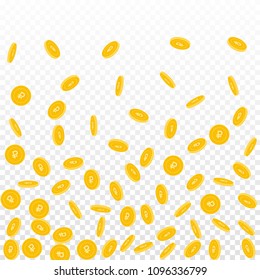 Russian ruble coins falling. Scattered sparse RUB coins on transparent background. Interesting bottom gradient vector illustration. Jackpot or success concept.