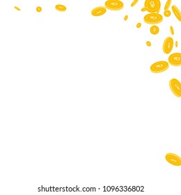 Russian ruble coins falling. Scattered disorderly RUB coins on white background. Comely abstract right top corner vector illustration. Jackpot or success concept.