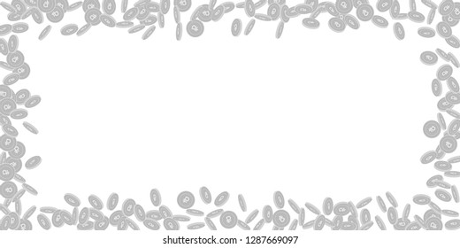 Russian ruble coins falling. Scattered black and white RUB small coins. Jackpot or success concept. Favorable wide scattered frame vector illustration.