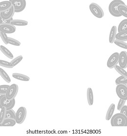 Russian ruble coins falling. Scattered black and white RUB big coins. Jackpot or success concept. Outstanding messy border vector illustration.