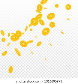 Russian ruble coins falling. Scattered disorderly RUB coins on transparent background. Artistic radiant left top corner vector illustration. Jackpot or success concept.