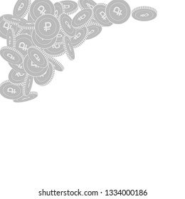 Russian ruble coins falling. Scattered black and white RUB big coins. Jackpot or success concept. Great top left corner vector illustration.