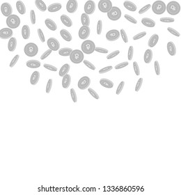 Russian ruble coins falling. Scattered black and white RUB sparse coins. Jackpot or success concept. Majestic top semicircle square vector illustration.
