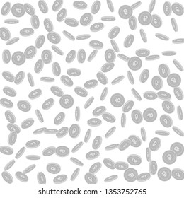 Russian ruble coins falling. Scattered black and white RUB sparse coins. Jackpot or success concept. Elegant scattered pattern vector illustration.