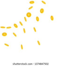 Russian ruble coins falling. Scattered sparse RUB coins on white background. Bewitching radiant left top corner vector illustration. Jackpot or success concept.