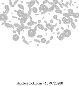 Russian ruble coins falling. Scattered black and white RUB disorderly coins. Jackpot or success concept. Lovely top semicircle square vector illustration.