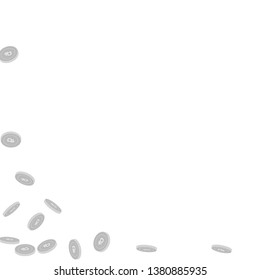Russian ruble coins falling. Scattered black and white RUB sparse coins. Jackpot or success concept. Creative abstract left bottom corner vector illustration.