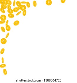 Russian ruble coins falling. Scattered small RUB coins on white background. Artistic abstract left top corner vector illustration. Jackpot or success concept.