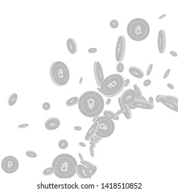 Russian ruble coins falling. Scattered black and white RUB floating coins. Jackpot or success concept. Radiant radiant right bottom corner vector illustration.
