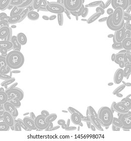 Russian ruble coins falling. Scattered black and white RUB floating coins. Jackpot or success concept. Magnetic chaotic border vector illustration.