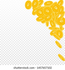 Russian ruble coins falling. Scattered big RUB coins on transparent background. Modern top right corner vector illustration. Jackpot or success concept.
