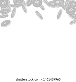 Russian ruble coins falling. Scattered black and white RUB big coins. Jackpot or success concept. Exceptional abstract top border vector illustration.