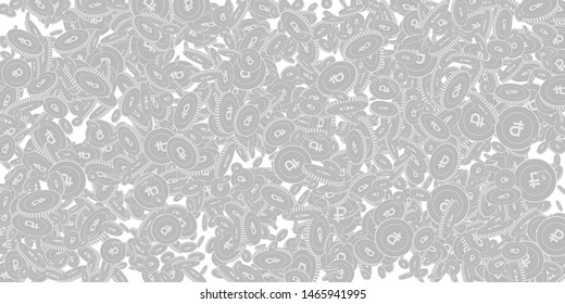 Russian ruble coins falling. Scattered black and white RUB floating coins. Jackpot or success concept. Extraordinary wide scatter vector illustration.