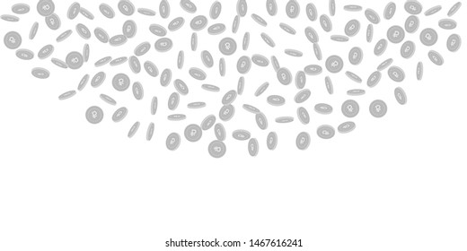 Russian ruble coins falling. Scattered black and white RUB sparse coins. Jackpot or success concept. Divine top semicircle vector illustration.