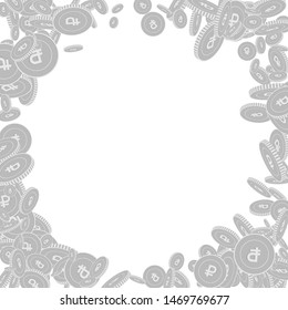 Russian ruble coins falling. Scattered black and white RUB floating coins. Jackpot or success concept. Mesmeric corner frame vector illustration.