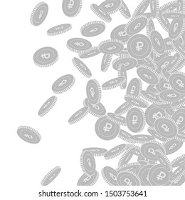 Russian ruble coins falling. Scattered black and white RUB big coins. Jackpot or success concept. Remarkable right gradient vector illustration.