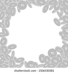 Russian ruble coins falling. Scattered black and white RUB big coins. Jackpot or success concept. Symmetrical round random frame vector illustration.