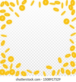 Russian ruble coins falling. Scattered sparse RUB coins on transparent background. Fine round random frame vector illustration. Jackpot or success concept.