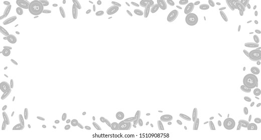 Russian ruble coins falling. Scattered black and white RUB disorderly coins. Jackpot or success concept. Fantastic wide scattered frame vector illustration.
