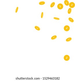 Russian ruble coins falling. Scattered sparse RUB coins on white background. Energetic scattered top right corner vector illustration. Jackpot or success concept.