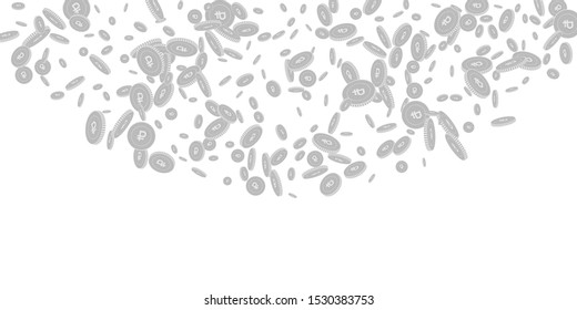 Russian ruble coins falling. Scattered black and white RUB disorderly coins. Jackpot or success concept. Decent top semicircle vector illustration.