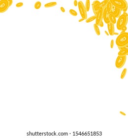Russian ruble coins falling. Scattered floating RUB coins on white background. Creative abstract right top corner vector illustration. Jackpot or success concept.