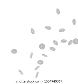 Russian ruble coins falling. Scattered black and white RUB sparse coins. Jackpot or success concept. Ravishing radiant right bottom corner vector illustration.
