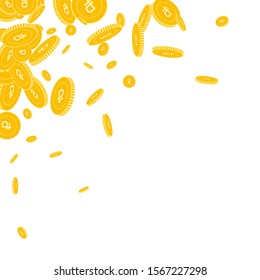 Russian ruble coins falling. Scattered floating RUB coins on white background. Creative scattered top left corner vector illustration. Jackpot or success concept.