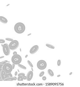 Russian ruble coins falling. Scattered black and white RUB floating coins. Jackpot or success concept. Comely scattered bottom left corner vector illustration.