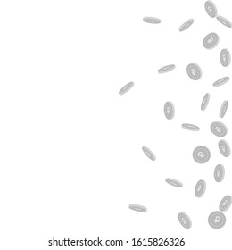 Russian ruble coins falling. Scattered black and white RUB sparse coins. Jackpot or success concept. Bizarre scatter right gradient vector illustration.
