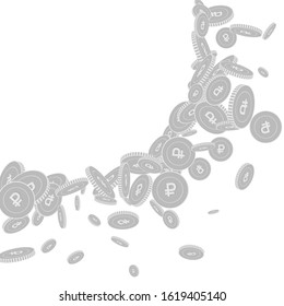 Russian ruble coins falling. Scattered black and white RUB floating coins. Jackpot or success concept. Fancy big radiant left top corner vector illustration.