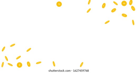 Russian ruble coins falling. Scattered sparse RUB coins on white background. Comely wide corners vector illustration. Jackpot or success concept.