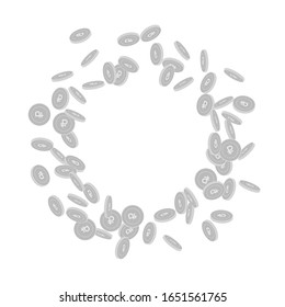 Russian ruble coins falling. Scattered black and white RUB small coins. Jackpot or success concept. Valuable round scattered frame vector illustration.