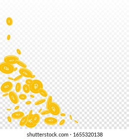 Russian ruble coins falling. Scattered disorderly RUB coins on transparent background. Lovely bottom left corner vector illustration. Jackpot or success concept.