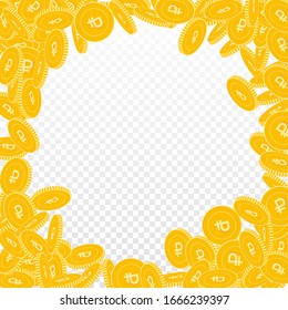 Russian ruble coins falling. Scattered big RUB coins on transparent background. Extraordinary round random frame vector illustration. Jackpot or success concept.