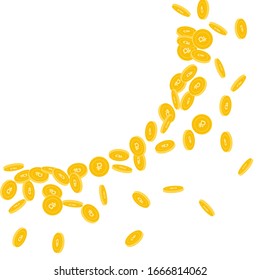 Russian ruble coins falling. Scattered small RUB coins on white background. Fair big radiant left top corner vector illustration. Jackpot or success concept.