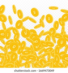 Russian ruble coins falling. Scattered big RUB coins on transparent background. Grand bottom gradient vector illustration. Jackpot or success concept.