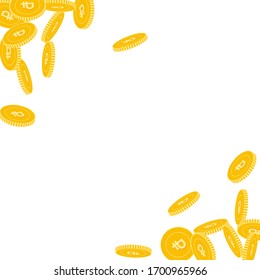 Russian ruble coins falling. Scattered big RUB coins on white background. Incredible scatter abstract corners vector illustration. Jackpot or success concept.