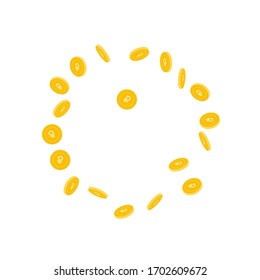 Monedas rusas de rublos cayendo. Monedas dispersas de RUB dispersas sobre fondo blanco. Ilustración vectorial de marco circular adicional. Acumulado o concepto de éxito.