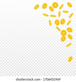 Russian ruble coins falling. Scattered sparse RUB coins on transparent background. Perfect top right corner vector illustration. Jackpot or success concept.